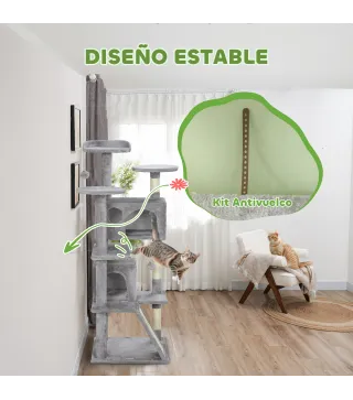 Rascador para Gatos Altura 138 cm Árbol para Gatos con Múltiples Niveles Cuevas Bolas Colgantes y Hamacas Gris Claro