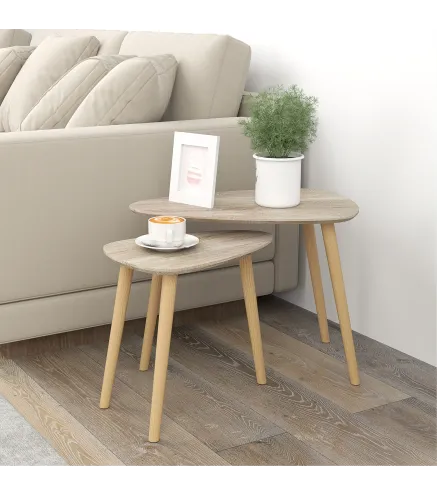 Juego de 2 Mesas de Centro Mesa Nido Moderna Mesitas Auxiliares Patas de Madera de Pino para Salón Dormitorio Natural