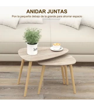 Juego de 2 Mesas de Centro Mesa Nido Moderna Mesitas Auxiliares Patas de Madera de Pino para Salón Dormitorio Natural