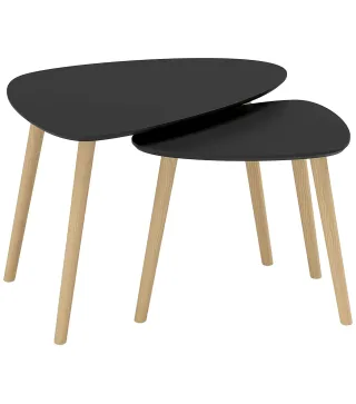 Juego de 2 Mesas de Centro Mesa Nido Moderna Mesitas Auxiliares Patas de Madera de Pino para Salón Negro y Natural