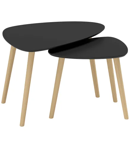 Juego de 2 Mesas de Centro Mesa Nido Moderna Mesitas Auxiliares Patas de Madera de Pino para Salón Negro y Natural