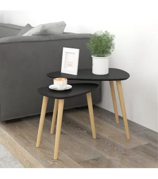 Juego de 2 Mesas de Centro Mesa Nido Moderna Mesitas Auxiliares Patas de Madera de Pino para Salón Negro y Natural