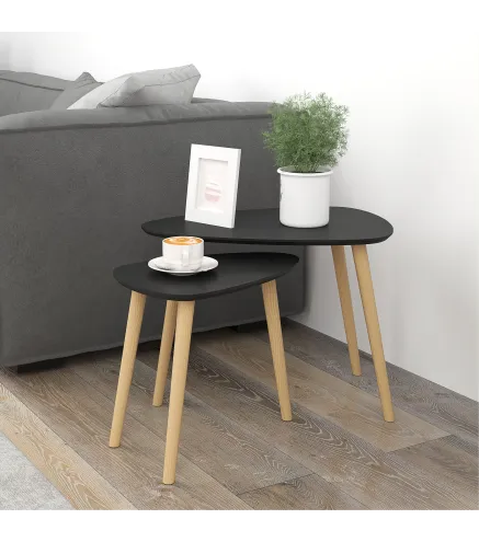 Juego de 2 Mesas de Centro Mesa Nido Moderna Mesitas Auxiliares Patas de Madera de Pino para Salón Negro y Natural