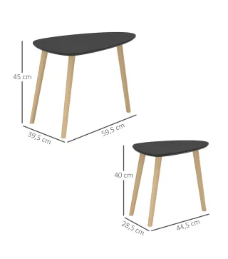 Juego de 2 Mesas de Centro Mesa Nido Moderna Mesitas Auxiliares Patas de Madera de Pino para Salón Negro y Natural