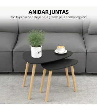 Juego de 2 Mesas de Centro Mesa Nido Moderna Mesitas Auxiliares Patas de Madera de Pino para Salón Negro y Natural