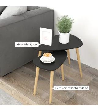 Juego de 2 Mesas de Centro Mesa Nido Moderna Mesitas Auxiliares Patas de Madera de Pino para Salón Negro y Natural