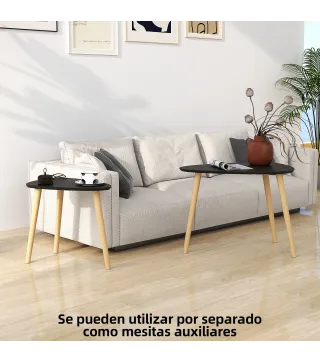 Juego de 2 Mesas de Centro Mesa Nido Moderna Mesitas Auxiliares Patas de Madera de Pino para Salón Negro y Natural
