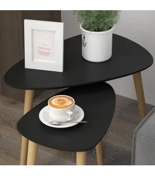 Juego de 2 Mesas de Centro Mesa Nido Moderna Mesitas Auxiliares Patas de Madera de Pino para Salón Negro y Natural
