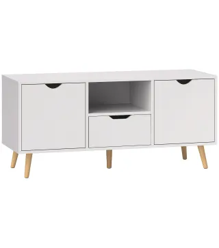 Mueble de TV con Cajón 2 Puertas y Estante Abierto Patas de Madera para Televisores 50 Pulgadas 110x40x50 cm Blanco