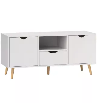 Mueble de TV con Cajón 2 Puertas y Estante Abierto Patas de Madera para Televisores 50 Pulgadas 110x40x50 cm Blanco