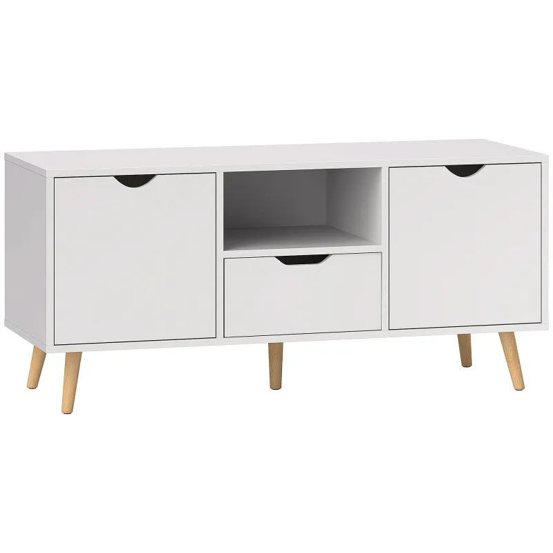 Mueble de TV con Cajón 2 Puertas y Estante Abierto Patas de Madera para Televisores 50 Pulgadas 110x40x50 cm Blanco