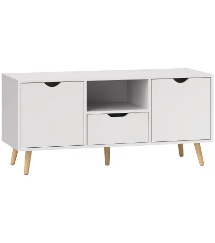 Mueble de TV con Cajón 2 Puertas y Estante Abierto Patas de Madera para Televisores 50 Pulgadas 110x40x50 cm Blanco