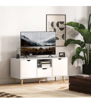 Mueble de TV con Cajón 2 Puertas y Estante Abierto Patas de Madera para Televisores 50 Pulgadas 110x40x50 cm Blanco