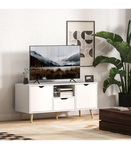 Mueble de TV con Cajón 2 Puertas y Estante Abierto Patas de Madera para Televisores 50 Pulgadas 110x40x50 cm Blanco