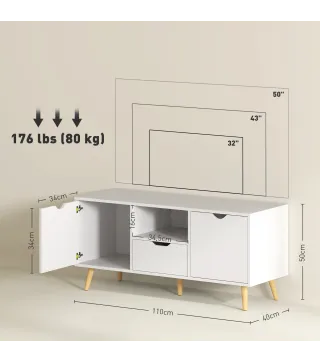 Mueble de TV con Cajón 2 Puertas y Estante Abierto Patas de Madera para Televisores 50 Pulgadas 110x40x50 cm Blanco