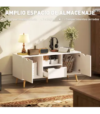 Mueble de TV con Cajón 2 Puertas y Estante Abierto Patas de Madera para Televisores 50 Pulgadas 110x40x50 cm Blanco