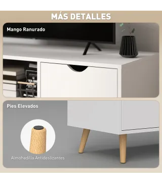 Mueble de TV con Cajón 2 Puertas y Estante Abierto Patas de Madera para Televisores 50 Pulgadas 110x40x50 cm Blanco