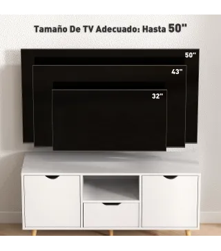 Mueble de TV con Cajón 2 Puertas y Estante Abierto Patas de Madera para Televisores 50 Pulgadas 110x40x50 cm Blanco