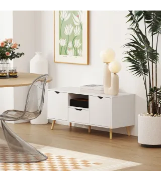 Mueble de TV con Cajón 2 Puertas y Estante Abierto Patas de Madera para Televisores 50 Pulgadas 110x40x50 cm Blanco