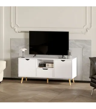 Mueble de TV con Cajón 2 Puertas y Estante Abierto Patas de Madera para Televisores 50 Pulgadas 110x40x50 cm Blanco