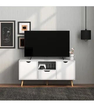 Mueble de TV con Cajón 2 Puertas y Estante Abierto Patas de Madera para Televisores 50 Pulgadas 110x40x50 cm Blanco