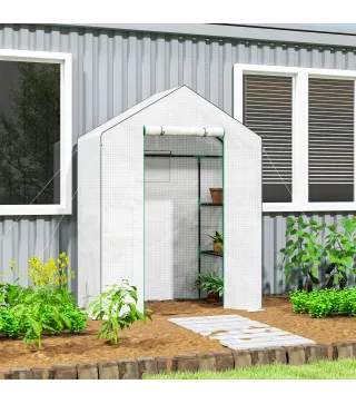 Invernadero de 3 Niveles con 1 Puerta 2 Ventanas y Estantes en Forma de U para Cultivo de Plantas 140x73x190 cm Blanco