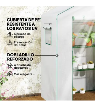 Invernadero de 3 Niveles con 1 Puerta 2 Ventanas y Estantes en Forma de U para Cultivo de Plantas 140x73x190 cm Blanco