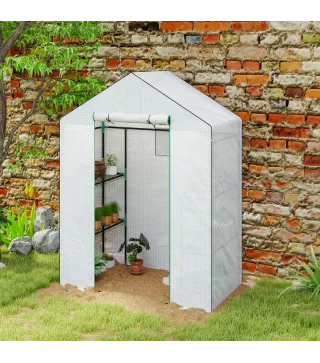 Invernadero de 3 Niveles con 1 Puerta 2 Ventanas y Estantes en Forma de U para Cultivo de Plantas 140x73x190 cm Blanco