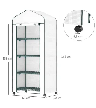 Invernadero de Exterior con 4 Estantes Ruedas Puerta Enrollable Cubierta de PE y Marco de Acero 69x50x165 cm Blanco