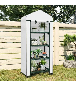 Invernadero de Exterior con 4 Estantes Ruedas Puerta Enrollable Cubierta de PE y Marco de Acero 69x50x165 cm Blanco