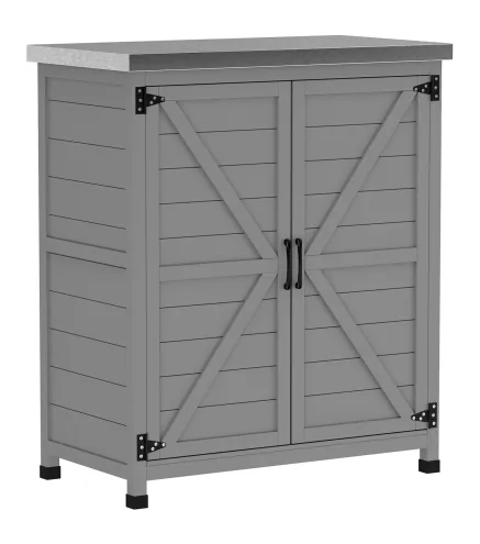 Armario de Jardín, Armario Exterior con Encimera, Armario de Herramientas, Madera Maciza, Acero, 79An x 43Pr x 92Al cm, Gris