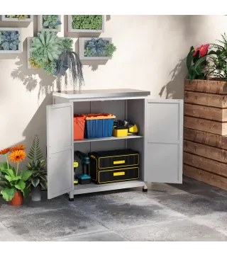 Armario de Jardín, Armario Exterior con Encimera, Armario de Herramientas, Madera Maciza, Acero, 79An x 43Pr x 92Al cm, Gris