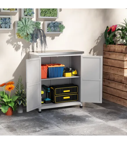 Armario de Jardín, Armario Exterior con Encimera, Armario de Herramientas, Madera Maciza, Acero, 79An x 43Pr x 92Al cm, Gris