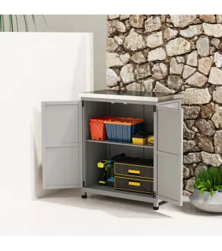Armario de Jardín, Armario Exterior con Encimera, Armario de Herramientas, Madera Maciza, Acero, 79An x 43Pr x 92Al cm, Gris