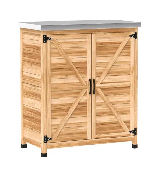 Armario de Exterior con Estante Interno y Banco de Trabajo, en Madera y Acero Galvanizado, 79x43x92 cm, color Madera