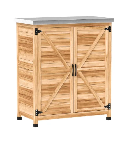 Armario de Exterior con Estante Interno y Banco de Trabajo, en Madera y Acero Galvanizado, 79x43x92 cm, color Madera