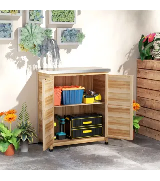 Armario de Exterior con Estante Interno y Banco de Trabajo, en Madera y Acero Galvanizado, 79x43x92 cm, color Madera