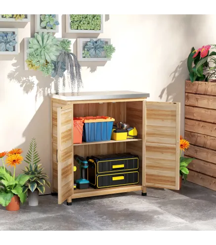 Armario de Exterior con Estante Interno y Banco de Trabajo, en Madera y Acero Galvanizado, 79x43x92 cm, color Madera