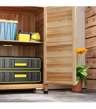 Armario de Exterior con Estante Interno y Banco de Trabajo, en Madera y Acero Galvanizado, 79x43x92 cm, color Madera