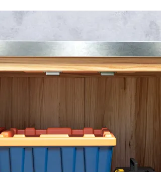 Armario de Exterior con Estante Interno y Banco de Trabajo, en Madera y Acero Galvanizado, 79x43x92 cm, color Madera