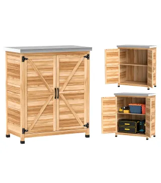 Armario de Exterior con Estante Interno y Banco de Trabajo, en Madera y Acero Galvanizado, 79x43x92 cm, color Madera