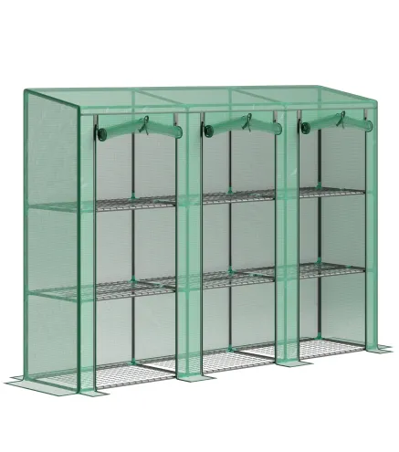 Invernadero de Exterior de 3 Niveles con Puerta Enrollable con Cremallera 9 Estantes Cubierta de PE 215x46x151cm Verde