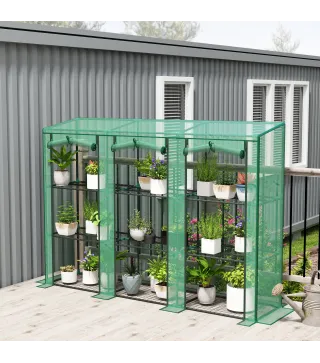 Invernadero de Exterior de 3 Niveles con Puerta Enrollable con Cremallera 9 Estantes Cubierta de PE 215x46x151cm Verde