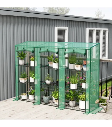 Invernadero de Exterior de 3 Niveles con Puerta Enrollable con Cremallera 9 Estantes Cubierta de PE 215x46x151cm Verde