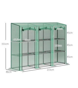 Invernadero de Exterior de 3 Niveles con Puerta Enrollable con Cremallera 9 Estantes Cubierta de PE 215x46x151cm Verde