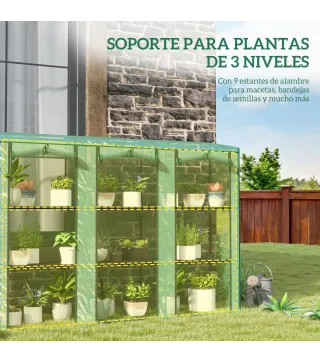 Invernadero de Exterior de 3 Niveles con Puerta Enrollable con Cremallera 9 Estantes Cubierta de PE 215x46x151cm Verde