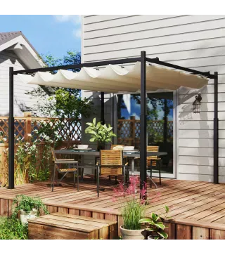 Pérgola de jardín exterior 3x3 m con techo retráctil y fijación magnética, toldo sol UPF30+, Crema