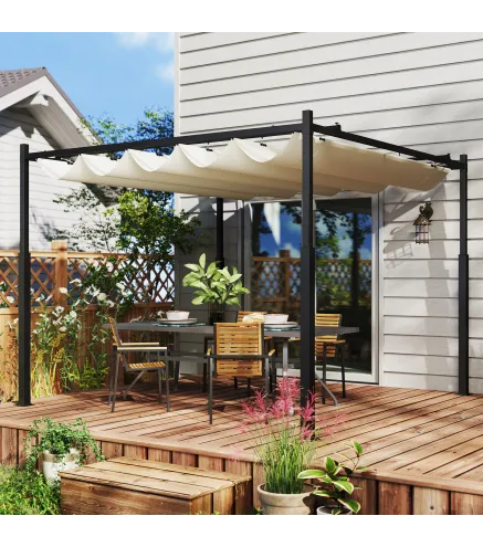 Pérgola de jardín exterior 3x3 m con techo retráctil y fijación magnética, toldo sol UPF30+, Crema