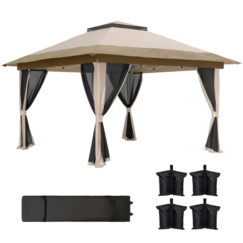 Cenador Plegable 3,6x3,6 m con Laterales de Malla UPF50+ Altura Ajustable Bolsa con Ruedas y Bolsas de Arena Beige