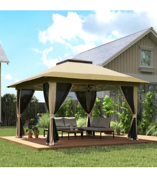 Cenador Plegable 3,6x3,6 m con Laterales de Malla UPF50+ Altura Ajustable Bolsa con Ruedas y Bolsas de Arena Beige